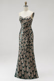 Vestido largo de concurso sin tirantes con cuentas y sin tirantes con lentejuelas de sirena verde oscuro y drapeado de tul desmontable