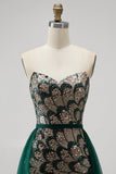Vestido largo de concurso sin tirantes con cuentas y sin tirantes con lentejuelas de sirena verde oscuro y drapeado de tul desmontable