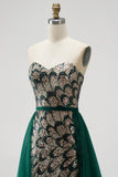 Vestido largo de concurso sin tirantes con cuentas y sin tirantes con lentejuelas de sirena verde oscuro y drapeado de tul desmontable