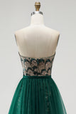 Vestido largo de concurso sin tirantes con cuentas y sin tirantes con lentejuelas de sirena verde oscuro y drapeado de tul desmontable