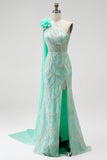 Vestido largo verde de sirena de un hombro con tul adornado con cuentas, flores de tul con cuentas y abertura