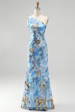 Vestido largo de fin de curso azul sirena con cuentas de un solo hombro y brillante