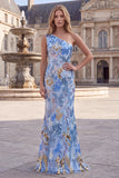 Vestido largo de fin de curso azul sirena con cuentas de un solo hombro y brillante