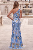 Vestido largo de fin de curso azul sirena con cuentas de un solo hombro y brillante