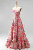 Vestido largo de graduación sin tirantes y abertura floral rojo Jacquard A-Line con volantes y abertura