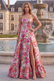 Vestido largo de graduación sin tirantes y abertura floral rojo Jacquard A-Line con volantes y abertura