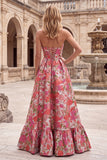 Vestido largo de graduación sin tirantes y abertura floral rojo Jacquard A-Line con volantes y abertura