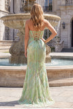 Vestido largo de graduación de fin de curso de sirenas sin tirantes verde menta con lentejuelas