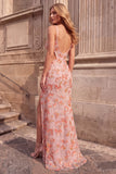 Vestido de graduación largo con tirantes largos con tirantes finos con bordado floral rosa con lentejuelas