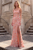 Vestido de graduación largo con tirantes finos de sirena con cuello cuadrado y cuello cuadrado rosa con tirantes finos