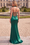 Vestido largo largo de baile de sirena de satén verde verde oscuro con cuentas