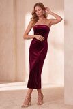 Vestido de fiesta de Navidad midi burdeos de terciopelo sin tirantes