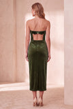 Vestido de fiesta de Navidad midi burdeos de terciopelo sin tirantes