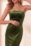 Vestido de fiesta de Navidad midi burdeos de terciopelo sin tirantes