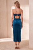 Vestido de fiesta de Navidad midi burdeos de terciopelo sin tirantes