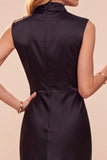 Vestido midi café sin mangas con escote drapeado y detalles de encaje, de corte recto