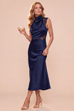 Vestido midi café sin mangas con escote drapeado y detalles de encaje, de corte recto