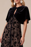 Vestido midi negro de terciopelo de corte en A con escote redondo y capa para fiesta de Navidad