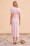 Vestido midi de fiesta de Navidad rosa empolvado con escote en V, mangas y encaje