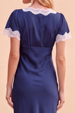 Vestido midi de fiesta de Navidad rosa empolvado con escote en V, mangas y encaje