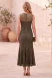 Vestido de invitada de boda midi azul oscuro de encaje corte sirena sin mangas con escote redondo y bolsillos