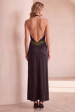 Vestido de invitada de boda de satén negro y verde de corte recto
