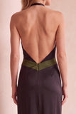 Vestido de invitada de boda de satén negro y verde de corte recto