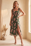 Vestido midi verde de invitada de boda con escote cuadrado y estampado floral