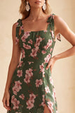 Vestido midi verde de invitada de boda con escote cuadrado y estampado floral