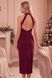 Vestido midi burdeos ajustado con diseño fruncido y bolsillos