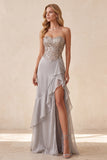 Vestido formal largo largo en A-Line de Tirantes de lentejuelas plateadas de lentejuelas plateadas