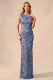 Lentejuelas azul pizarra Vestido formal largo de un hombro fruncido