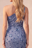 Lentejuelas azul pizarra Vestido formal largo de un hombro fruncido