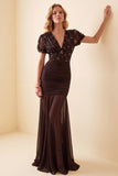 Vestido formal largo de manga corta de gasa sirena marrón con escote en V y escote en V