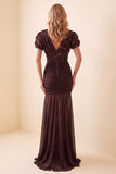 Vestido formal largo de manga corta de gasa sirena marrón con escote en V y escote en V