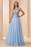 Vestido formal largo de lentejuelas de lentejuelas Línea A Línea A azul celeste