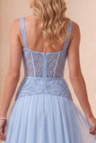 Vestido formal largo de lentejuelas de lentejuelas Línea A Línea A azul celeste