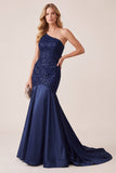 Vestido formal largo de satén de un hombro de satín de sirena azul oscuro con cuentas