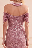 Rosa del Desierto Sirena Cabestro Lentejuelas Terciopelo Vestido Formal Largo