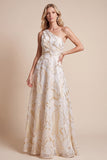 Vestido formal Maxi estampado en línea A de marfil con un solo hombro