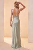 Vestido formal largo con cuello cuadrado de satén verde claro y de cuello cuadrado con lentejuelas