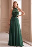 Vestido formal largo de terciopelo alto de línea A verde