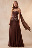 Corsé de café Sweetheart Vestido formal largo de línea A con pedrería