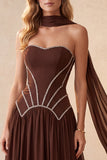 Corsé de café Sweetheart Vestido formal largo de línea A con pedrería