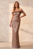 Sirena caqui con hombros descubiertos, lentejuelas, vestido largo de gala