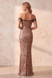 Sirena caqui con hombros descubiertos, lentejuelas, vestido largo de gala