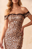 Sirena caqui con hombros descubiertos, lentejuelas, vestido largo de gala