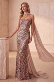 Vestido formal largo sin tirantes de sirena con lentejuelas caqui y fajilla de gasa drapeada