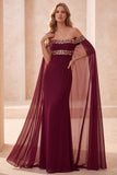 Sirena burdeos con capa de hombros descubiertos Vestido largo de gala con lentejuelas