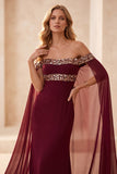 Sirena burdeos con capa de hombros descubiertos Vestido largo de gala con lentejuelas